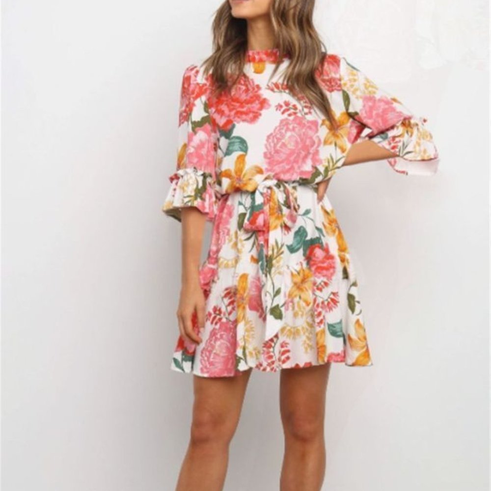Floral Mock Neck, Ruffled Sleeve A-line Belted Dress